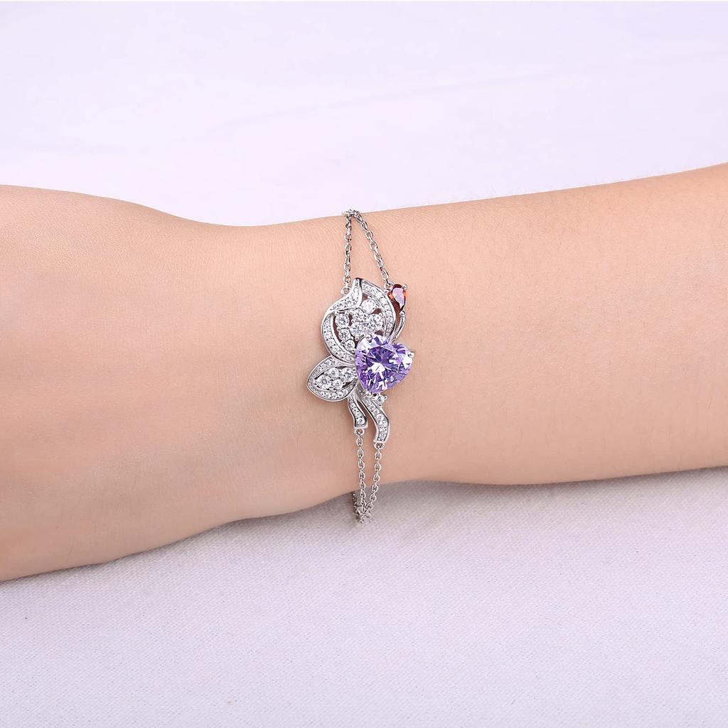 Butterfly Heart Purple Cubic Zirconia Adjustable Bangle Anniversary Engagement Celebration Accessory Popular Red Sterling Silver 925 Ladies Gift
