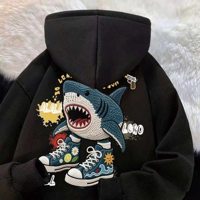 Oversized Hooded Sweatshirt With Shark Print Unisex Streetwear Pullover