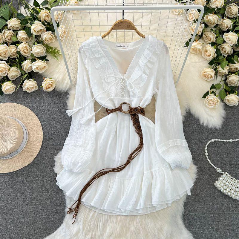

White V-Collar Ruffles Long Sleeves Sweet Dress White S