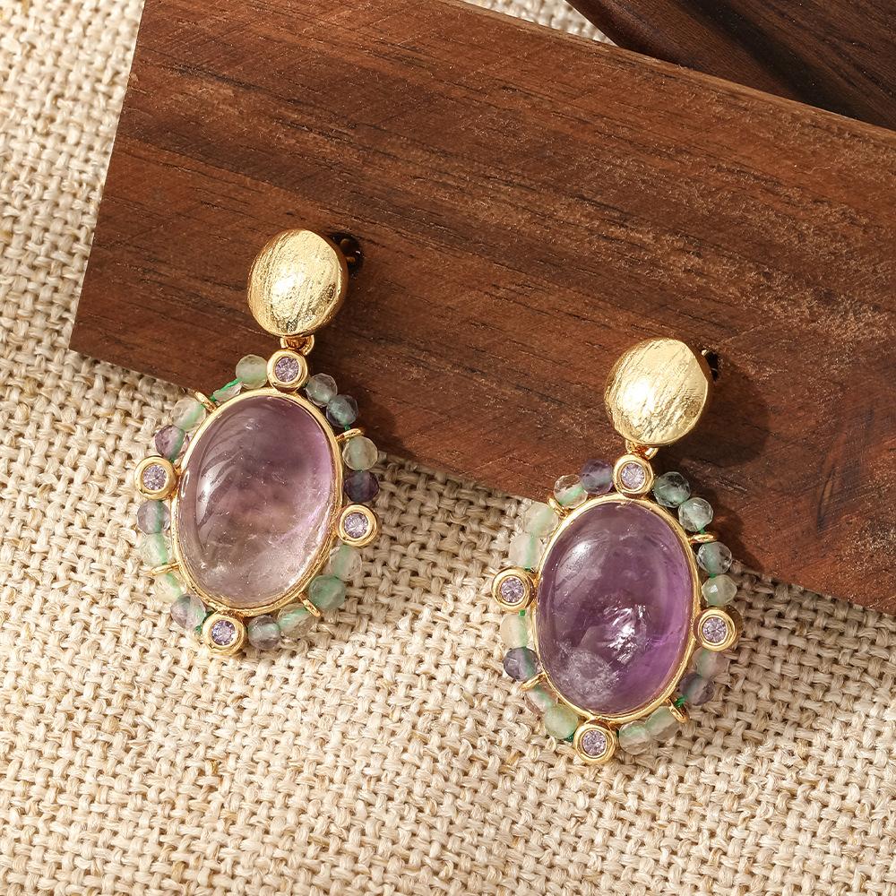 French Oil Painting Retro Style, Oval Natural Stone Crystal Long Earrings, Hand-wound Niche Atmosphere Earrings