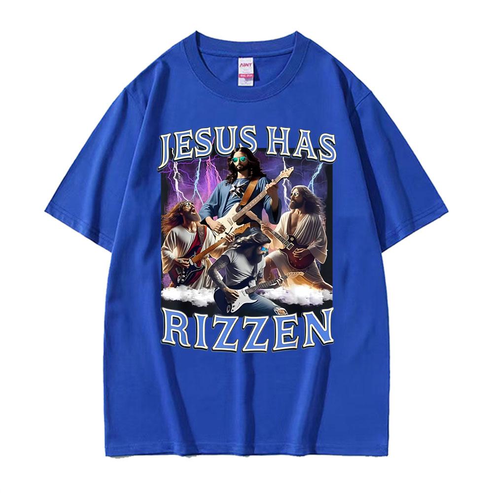 Funny Jesus Has Rizzen Rock Star Tee Shirt Mens Clothing Fashion Gothic Cool T Shirt Unisex High Quality Cotton Summer Tshirts