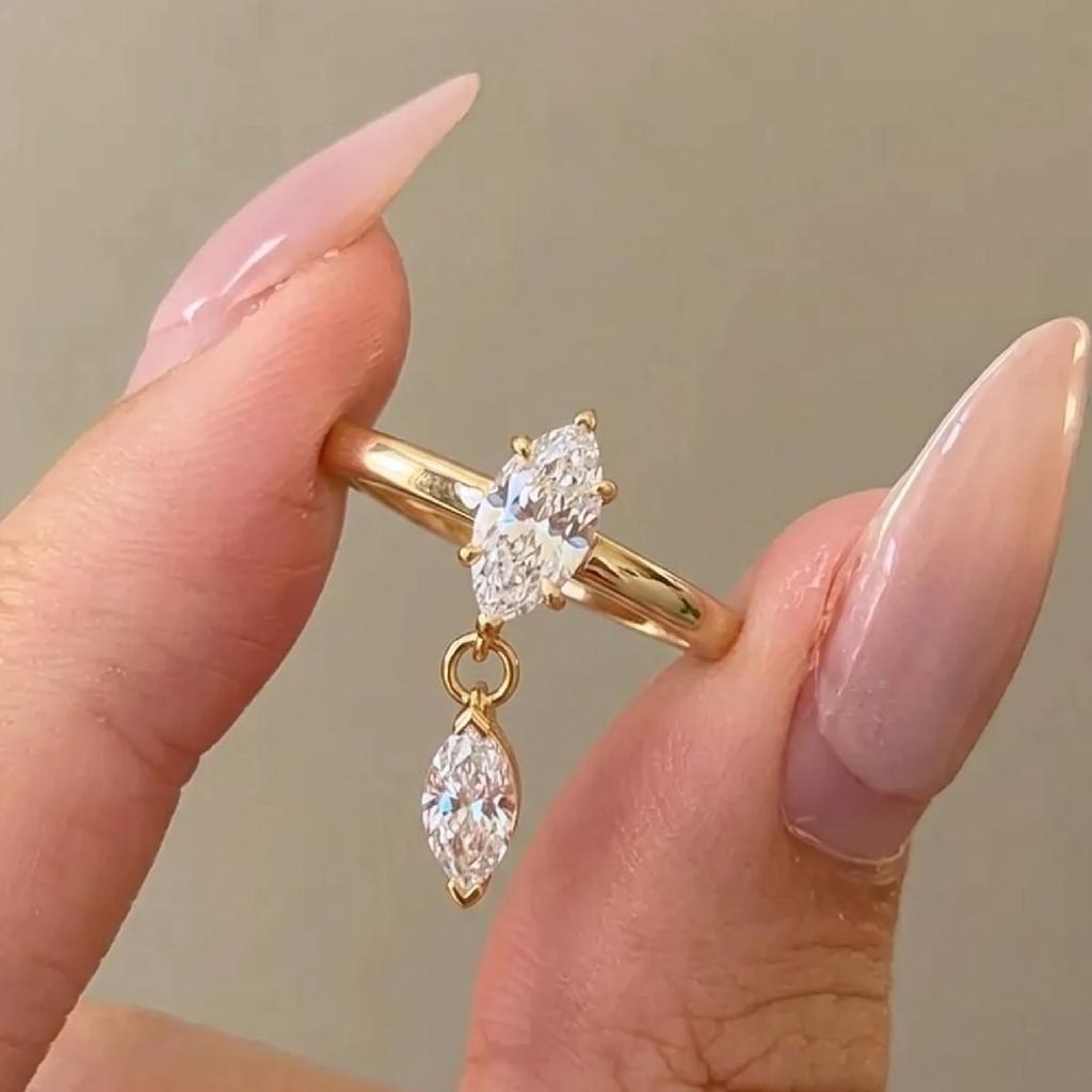 New Stainless Steel Cubic Zirconia Rhombus Drop Ring Shiny Dainty Charming 18K Gold Pvd Plated Golden Premium Jewelry Gift