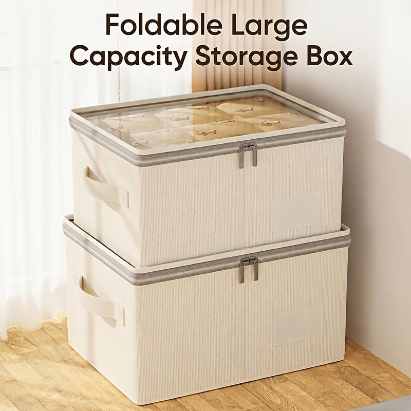 Linen Fabric Storage Box with Clear Window Collapsible Wardrobe Clothes Organizer Container with Lid Built In PP Board