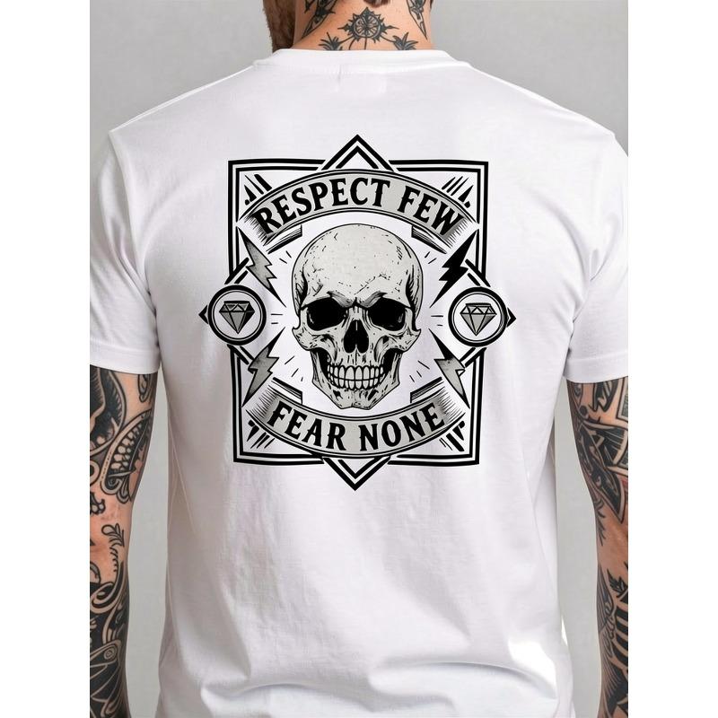 Men's Plus Size Streetwear T-Shirt - Alphabet Skeleton Back Print, Cotton Crew Neck Short Sleeve Tee, Regular Fit Casual Top Suitable for Outdoor