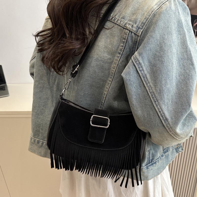 Vintage Tassel Crossbody Bags For Women's Gift, Casual Adjusted Strap Fringe Shoulder Bag For Daily Used/Leisure Vacation