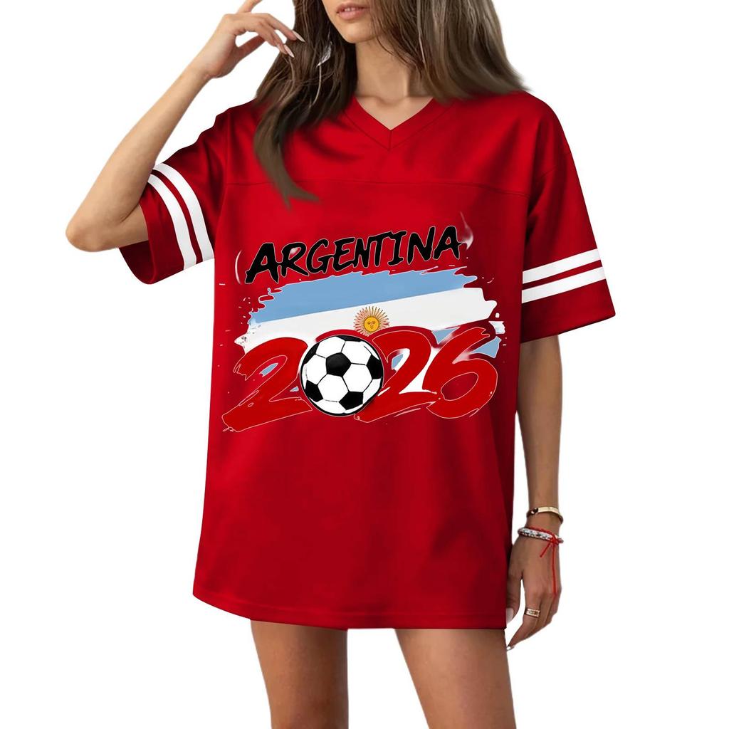 Women's Casual V Neck Soccer Jersey Style Short Sleeve Top with Argentina Flag and Football Print for Sports and Wear