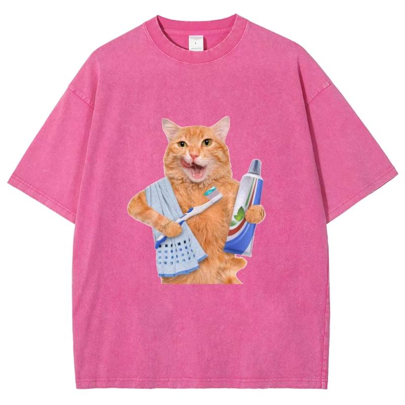 Funny Cat Design Print Washed T-Shirt Cooton Womens Summer O-Neck Oversized Tops Designer Trendy Casual Street Clothes