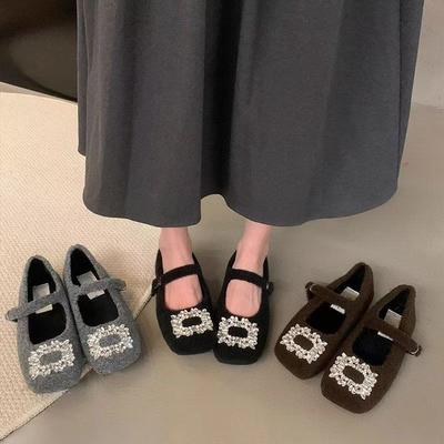 Mao Mao Shoes Versatile Lady Temperament Elegant Rhinestone Korean Version Mary Jane Shoes Square Style