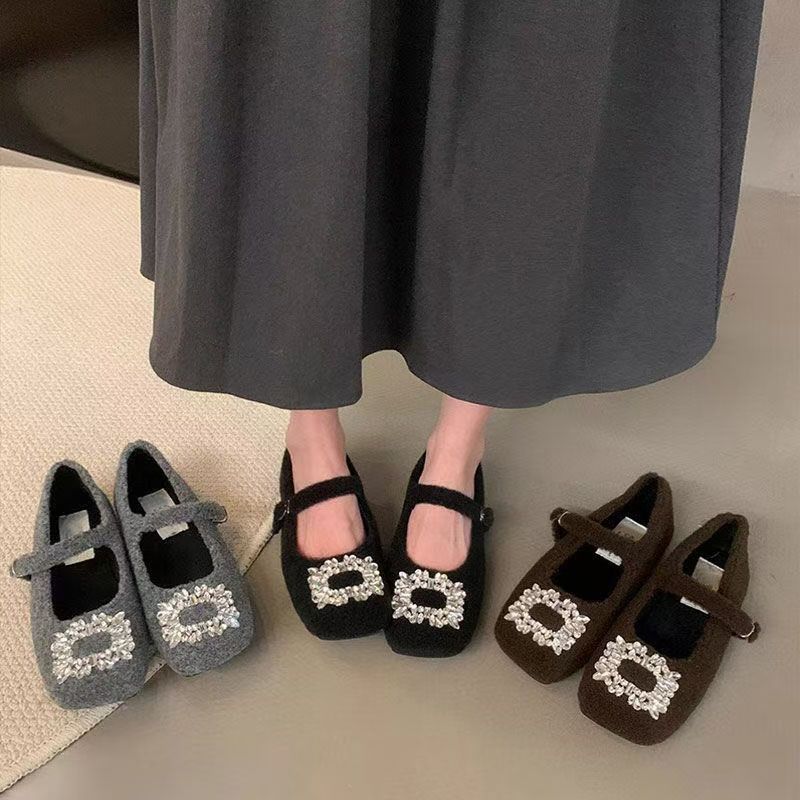 Autumn and winter temperament late rhinestone Mary Jane shoes elegant and versatile evening wind French square hair shoes