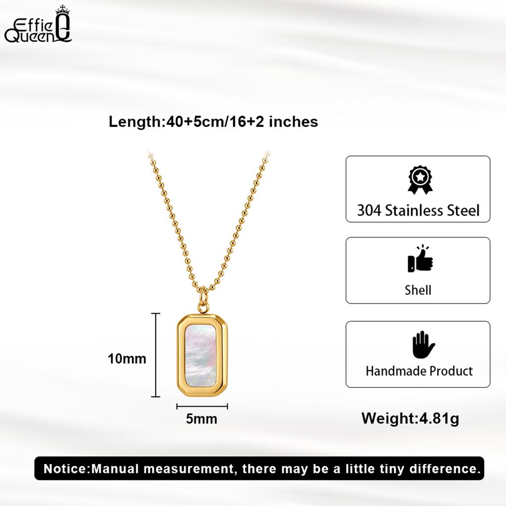 EFFIE QUEEN Stainless Steel 18k Gold White Shell Square Pendant Necklace Natural Jewelry for Women Wedding Party Banquet STMN11