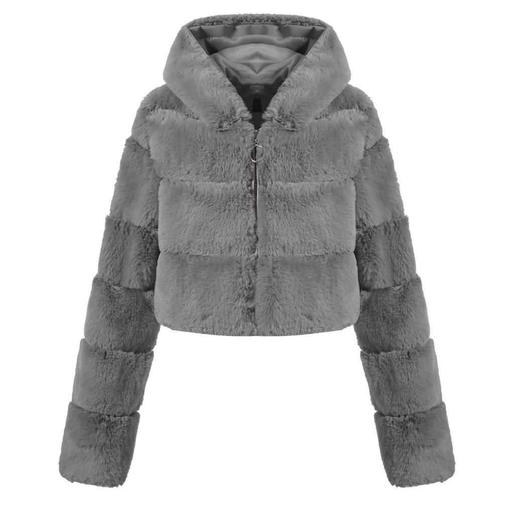 Y2k Streetwear Women Autumn Winter Faux Fur Coat Hooded Cropped Jacket Fur Coat Long Sleeve Cardigan Soft Tops Vintage Harajuku