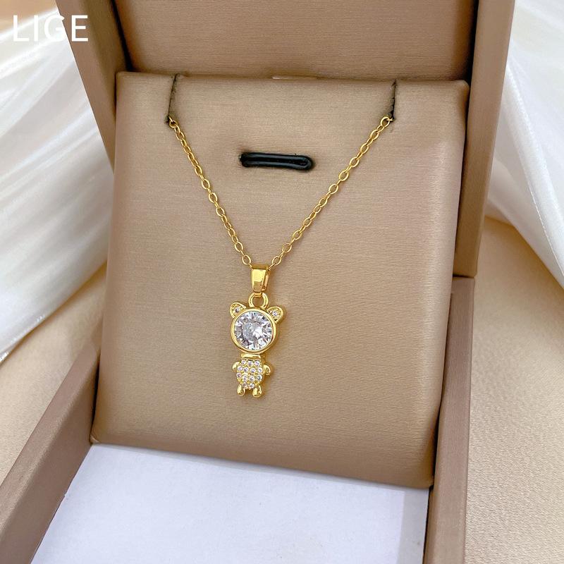 Three-Dimensional Fashion Bear Light Luxury Temperament Gorgeous Full Diamond Necklace Women'S Versatile Collarbone Chain Titanium Steel Chain