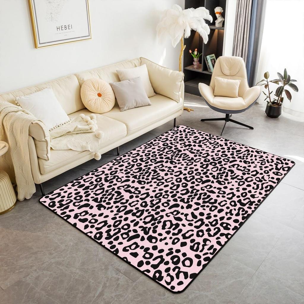 Kids Leopard Decor Carpet Area Rug Cute Pink Love Heart Living Room Rugs for Bedroom for Boys Girls Teens Modern Cheetah Indoor