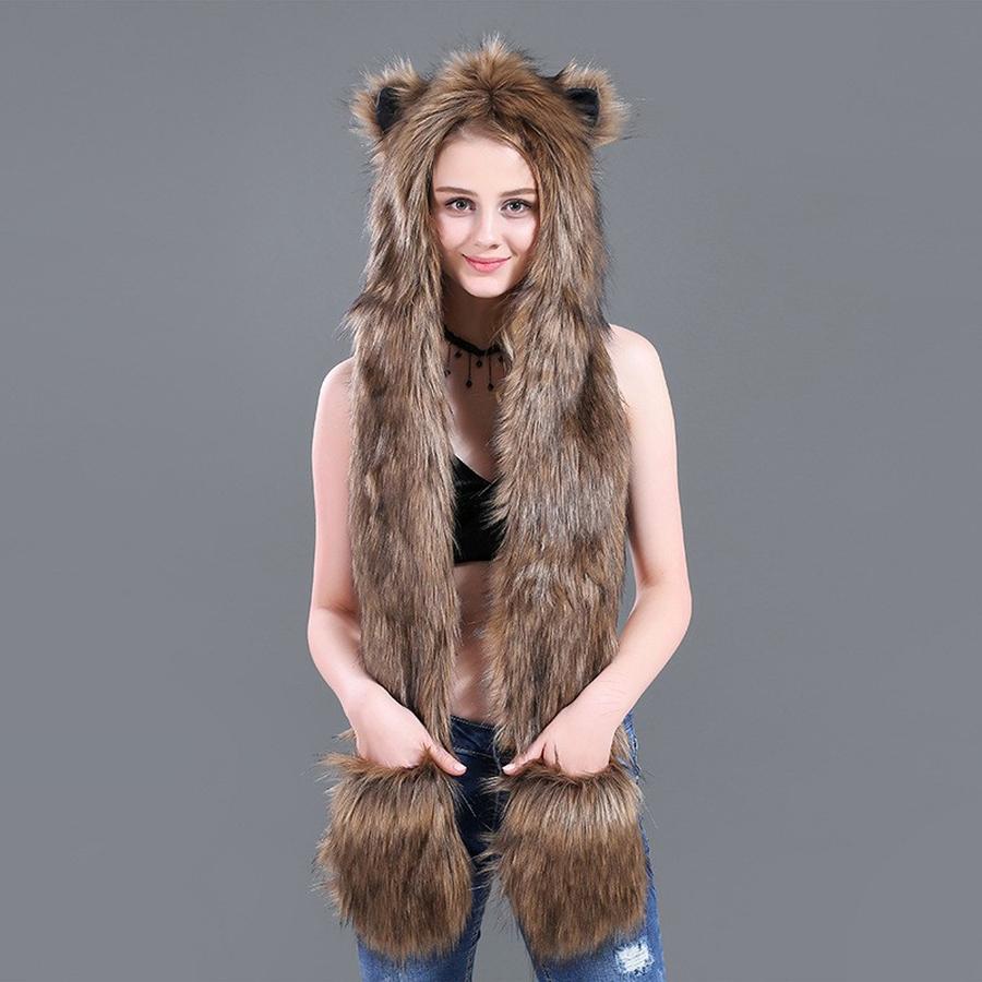 Cartoon Plush Hat Scarf Glove Set - Cute Faux Fur Cap