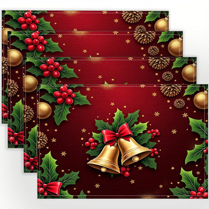 4pcs/6pcs Autumn Elements Thanksgiving Halloween Holiday Decor Linen Placemats with Christmas Bells Holly Berries 2D Flat Pattern Print. Gorgeous