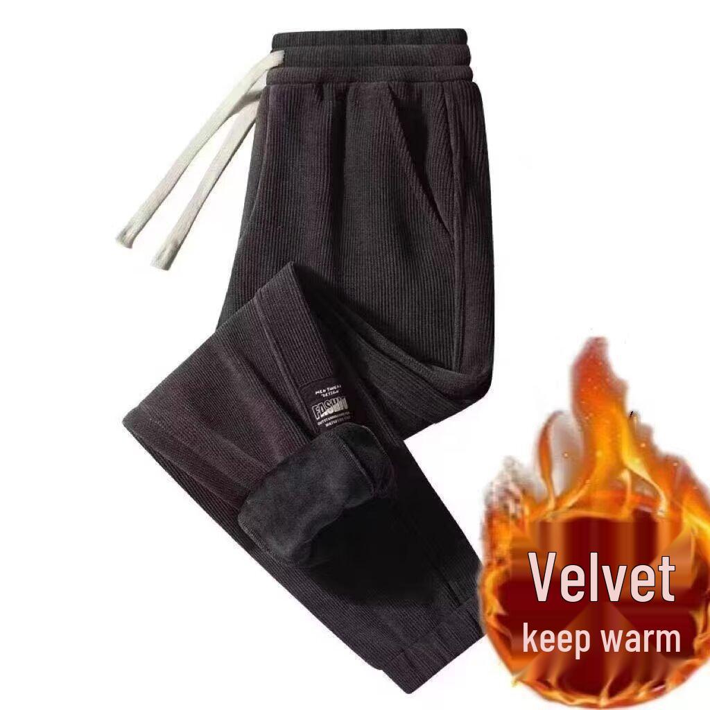 Men's Fleece-Lined Corduroy Joggers: Autumn/Winter Elastic Waist Casual Pants, Korean-Style Trendy and Versatile.