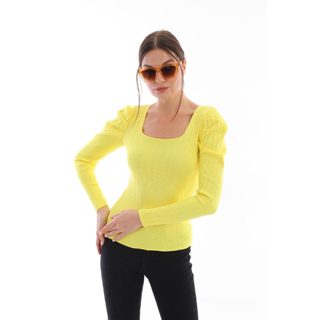 Women's Red Sleeve Pleated Gathered Princess Sleeve Square Collar Blouse Sweater