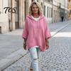 Long Sleeve Tops Autumn Women Knit Pullover Sweater, Loose Fit Drawstring Hooded Oversized Sweaters 3/4 Drop Shoulder Solid Color Casual Sweater Soft