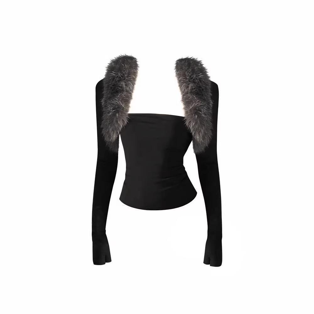 

Women s American Spicy Girl Style Faux Fur Collar Long Sleeve Vest & Strapless Top Set - Elegant Fall/Winter Slimming Layer M