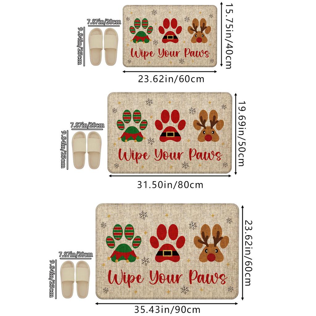 Paw Print Reindeer Christmas Doormat Non-Slip Washable Entrance Rug Indoor Outdoor Winter Home Decor Mat