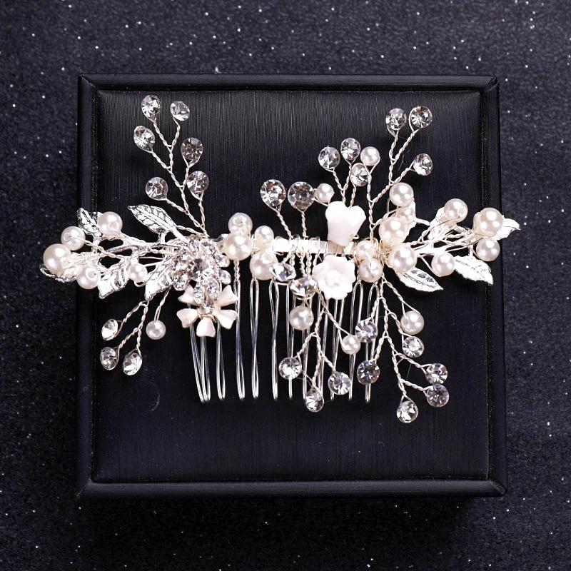 Handmade Silver Crystal Flower Hair Comb Pearl Rhinestone Flower Hair Combs for Women Bride Hair Jewelry Wedding Hair Accessorie