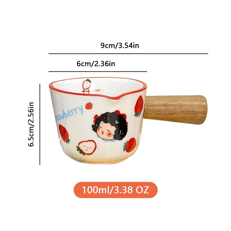 New Ceramic Milk Measuring Cup, Coffee Small Milk Cups, Mini Wooden Handle Bowl with Scale, Italian Espresso Cup 3.38oz/100ml