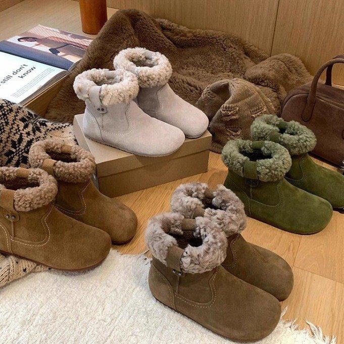 Boken boots women's 2026 winter round toe retro furry short boots flat cotton shoes warm furry snow boots