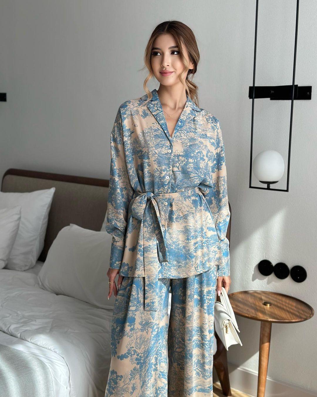 

Fashion French Print Long Sleeve Tie Shirt High Waist Wide Leg Pants Women s Suit L синий