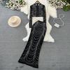 Fashion Suit, Fashion Long-sleeved Stand-up Collar, Slim-fitting Diamond-encrusted Short Top, Two-piece Set, High-waisted Fishtail Skirt.