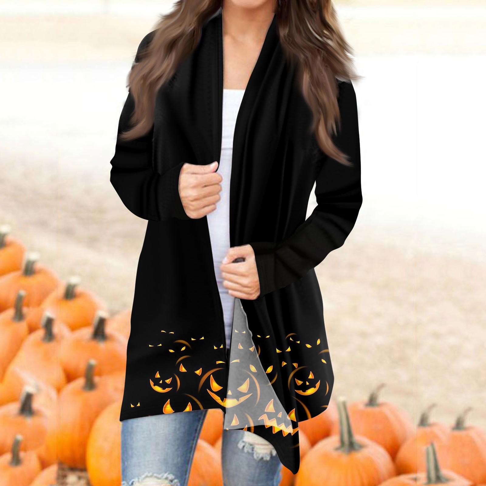 

Женский повседневный кардиган с длинными рукавами и принтом на Хэллоуин без карманов XXL чёрный