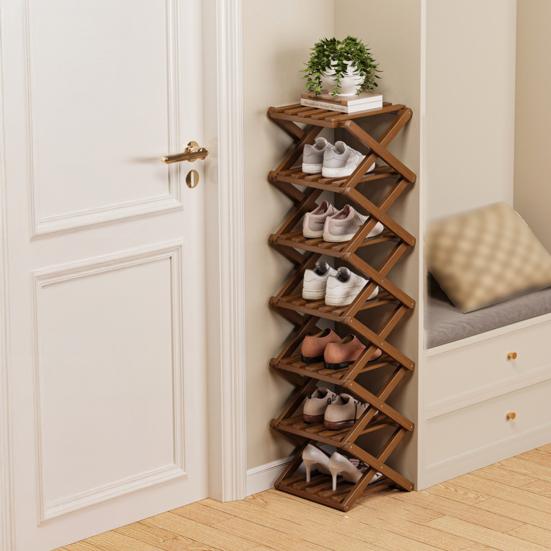 Wooden Folding Shoe Rack No Assembly 2/3/4/5/6/7 Tiers Bamboo Corner Shoe Rack Hallway Entryway Small Space Shoe Organizer Shelf