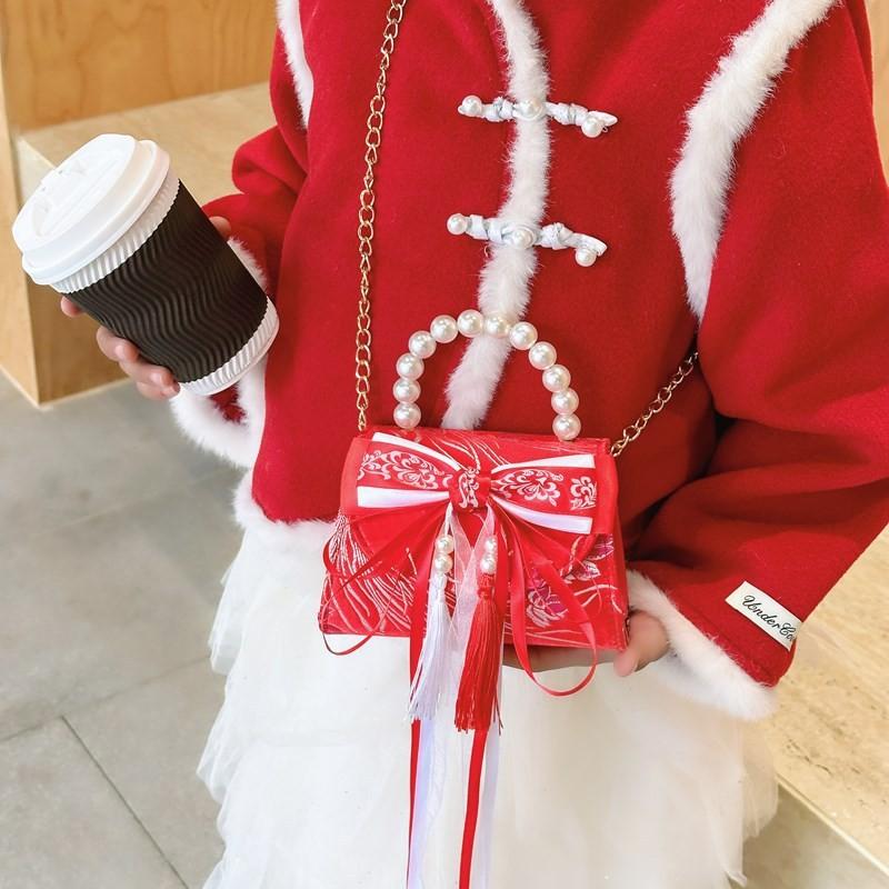 Red Fashionable Lightweight Childrens Bag With Playful Bow And Pearl Detail Girls For