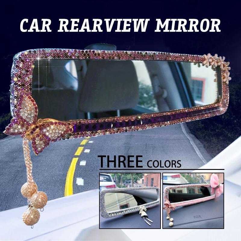Pink Rhinestone Car Interior Rearview Mirror Cute Butterfly Wind Chimes Ornament Decorative Cover Rear Mirror Accessories Women