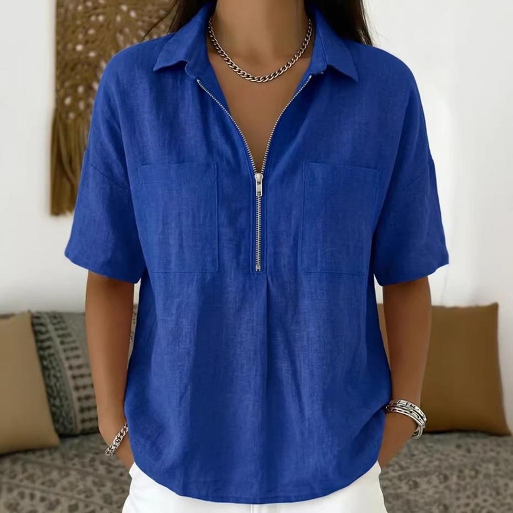 Women's Fashion Color Loose Collar Short Sleeve Casual Shirt V-neck Zipper Top