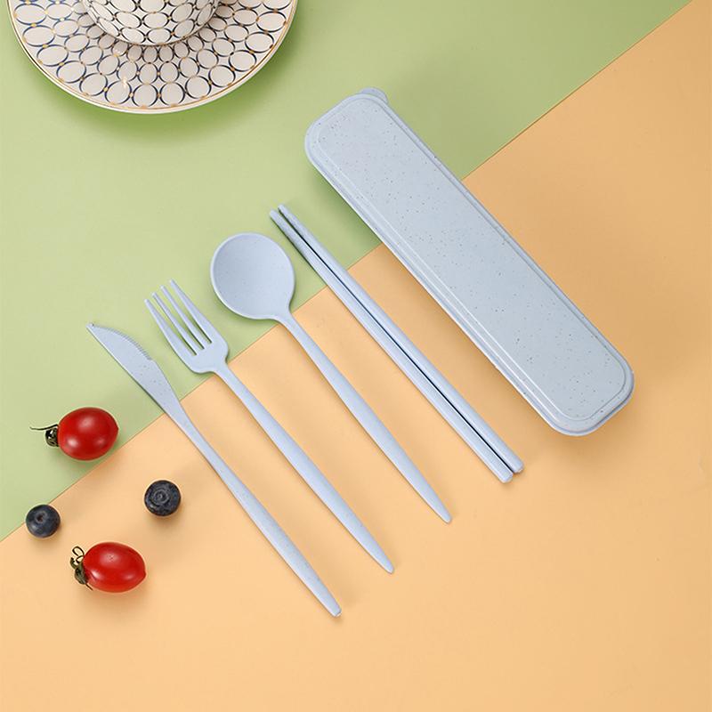 

4 шт. Наборы дорожных столовых приборов Портативный набор посуды с коробкой Палочки для еды Вилка Ложка Нож Посуда из пшеничной соломы Столовые приборы для пикника светло-синий