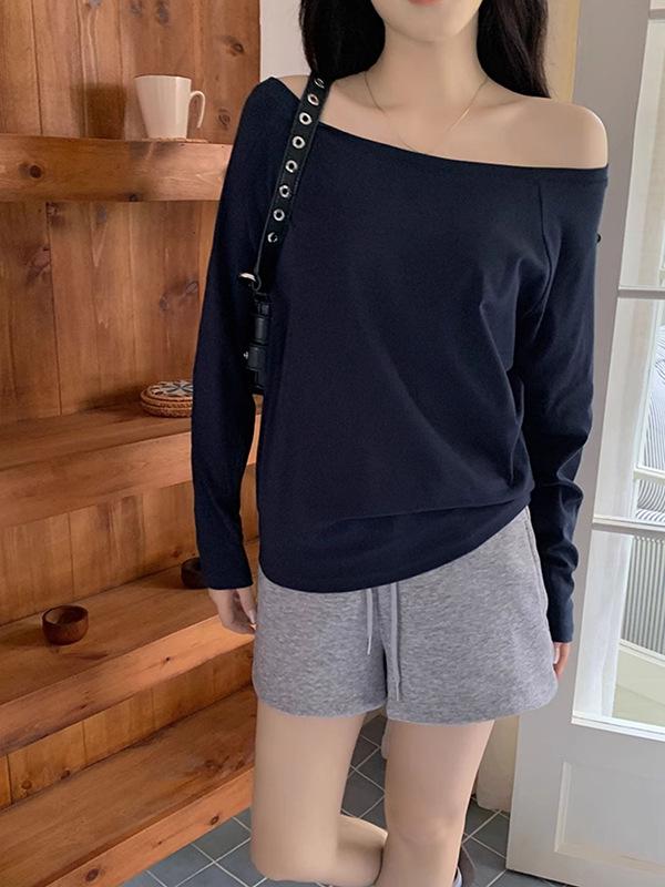 Dark Blue Off-the-Shoulder Long-Sleeve Women's Slimming Autumn Top