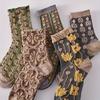 5 Pairs Women's 3D Floral Texture Socks, Elegant Mid-Calf Retro Court Style Full Set