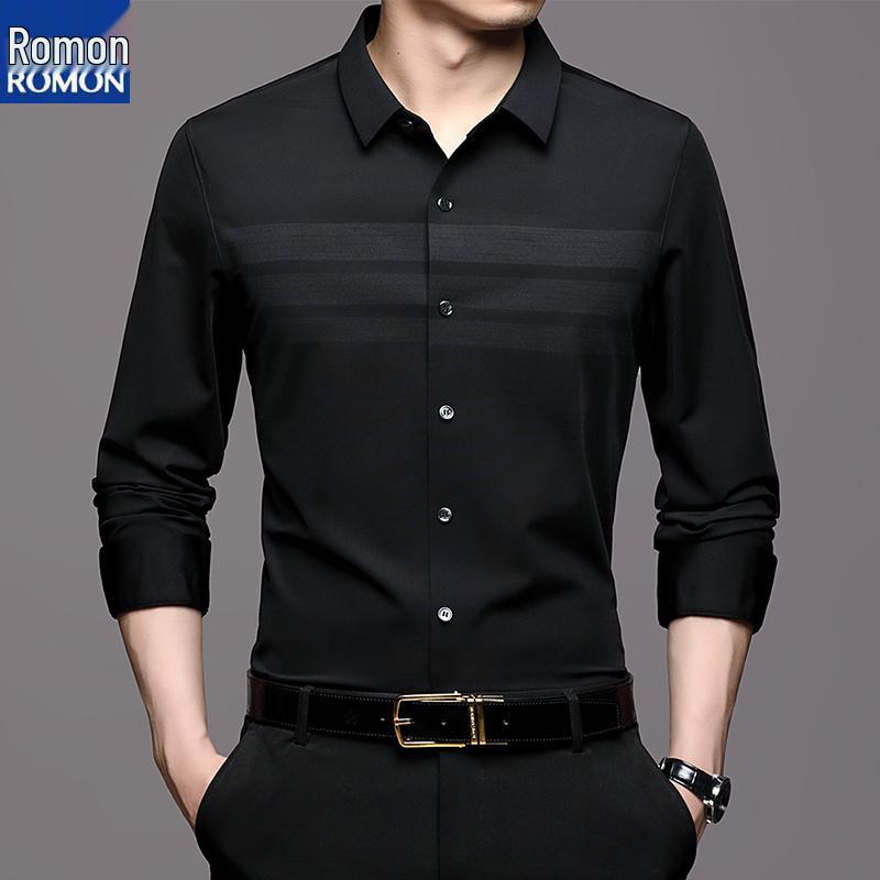 Romon Herren Maulbeerseide Langarm Nahtloses Knitterfreies Business Casual Hemd