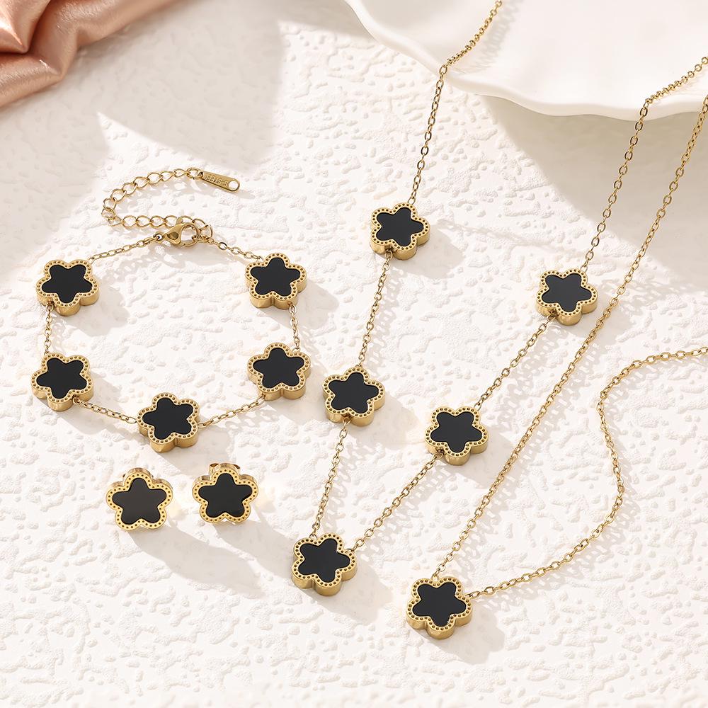 SHEIN 18K Gold-Plated Five-Petal Flower Jewelry Set: Bracelet, Necklace & Stud Earrings In Non-Fading Titanium Steel
