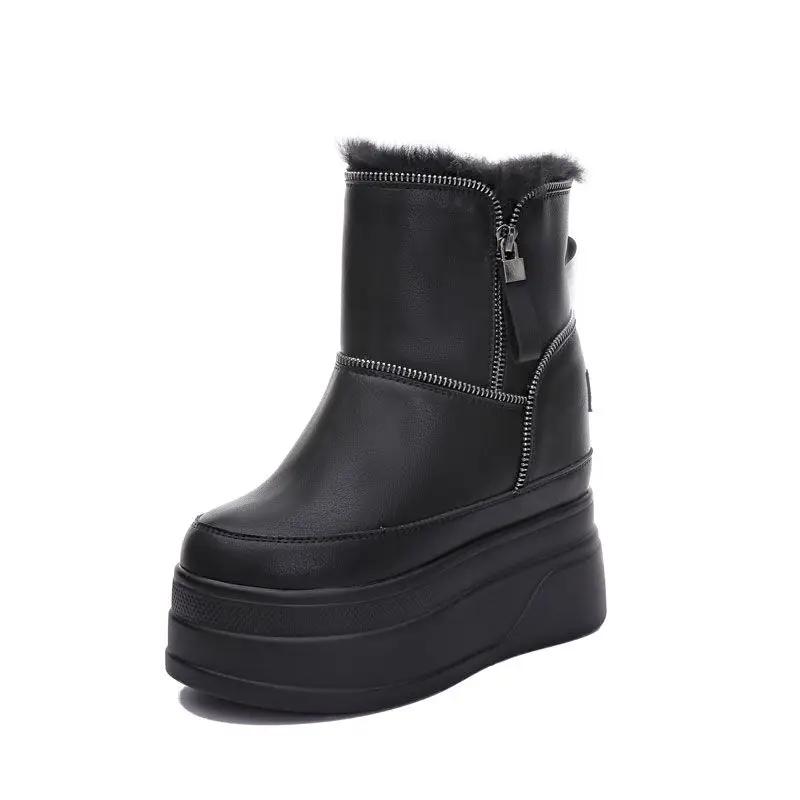Fashion 12cm Winter Platform Wedge Boots High Heels Plush Moccasins Spring Autumn Women Shoes Booties Genuine Leather Ankle Snow