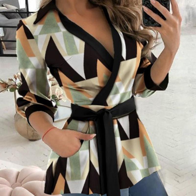 Women's Autumn Printed Long Sleeve V-Neck Belted Shirt