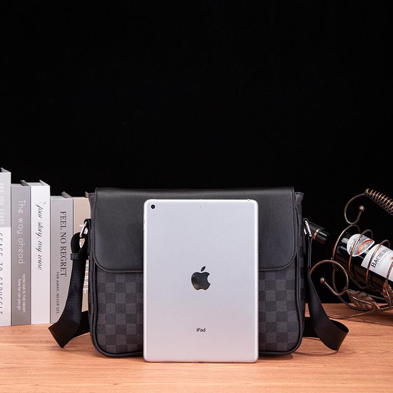 "Men's Trendy Plaid Leather Shoulder Messenger Bag: Casual Korean Style with Sporty Flair"