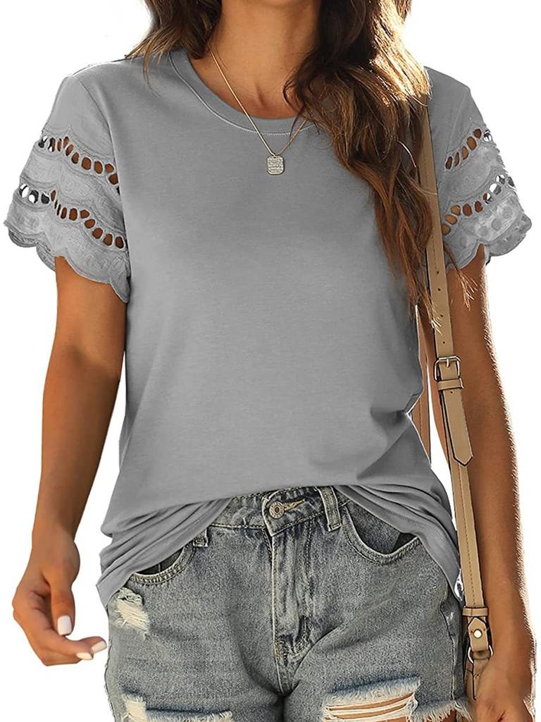 Women's Summer New Floral Lace Patchwork Short Sleeve T-Shirt Crew Neck Slim Fit Top