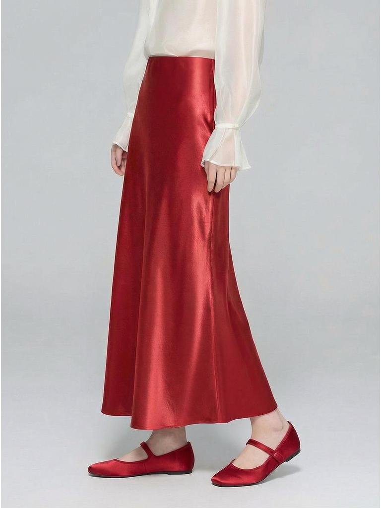 2026 Spring Chinese Style High-Waisted Silky Satin A-Line Maxi Skirt