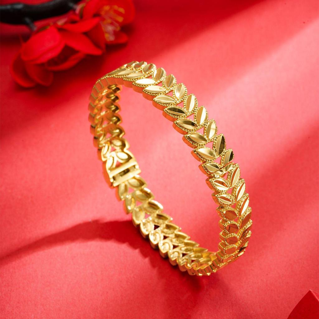 Gold-Plated Wheat Ear Buckle Bracelet & Double Layer Leaf Open Ring for Women