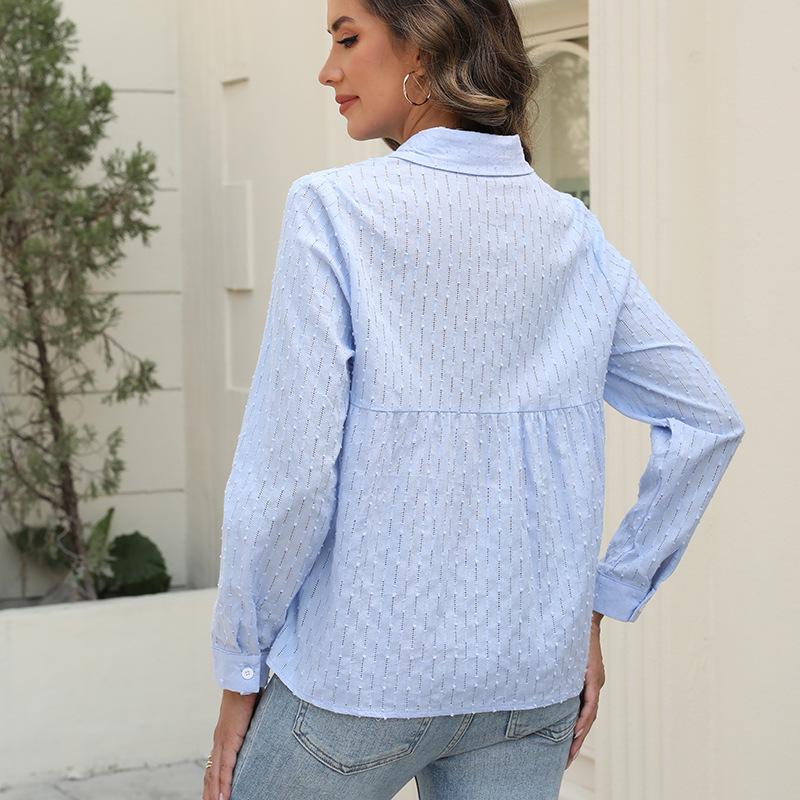 Women's Blouses & Shirts Solid Color Shirt Ladies Button Up Casual Jacquard Lapel Long Sleeved Top