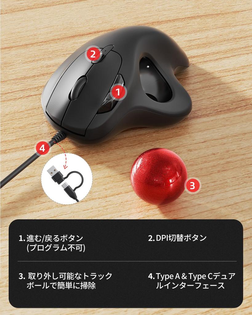 Nulea M509 Wired Trackball Mouse, 6 Buttons with ForwardBack Buttons, 5-Level DPI Adjustment, Thumb Operation, Precise and Smooth, 2-in-1 Interface,