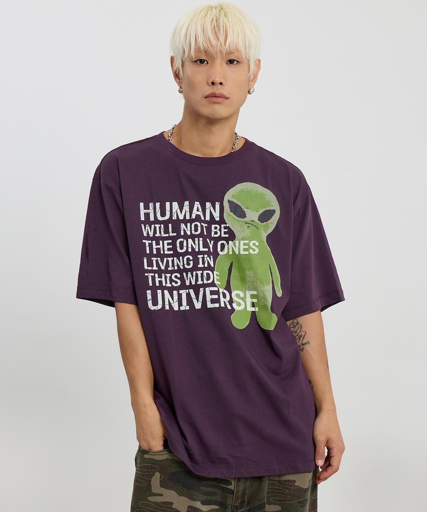 HOODHOOD Alien Slogan Short Sleeve T-Shirt Purple