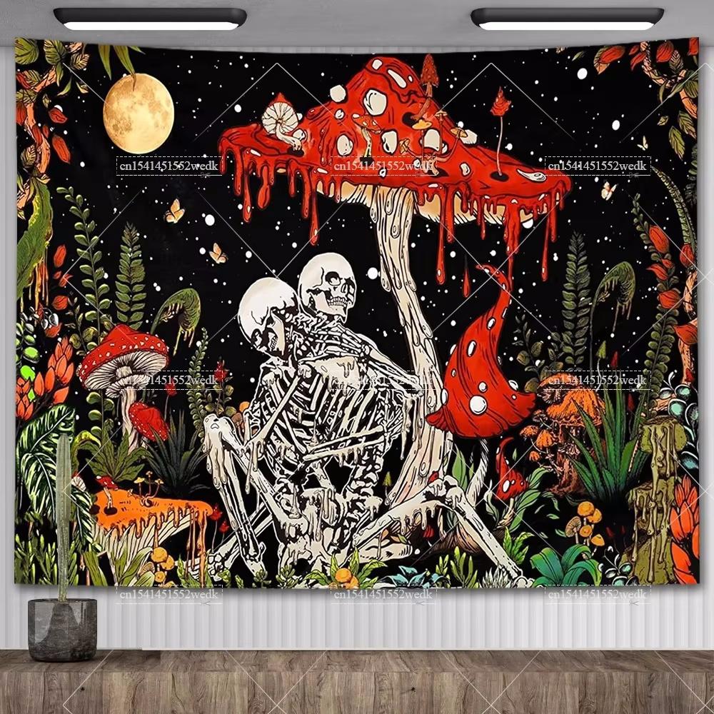 Totenkopf Blumen Wandteppich Pilz Skelett Goth Wandteppich Ästhetische Raumdeko Motte Mond und Sterne Wandteppich Heimdekoration
