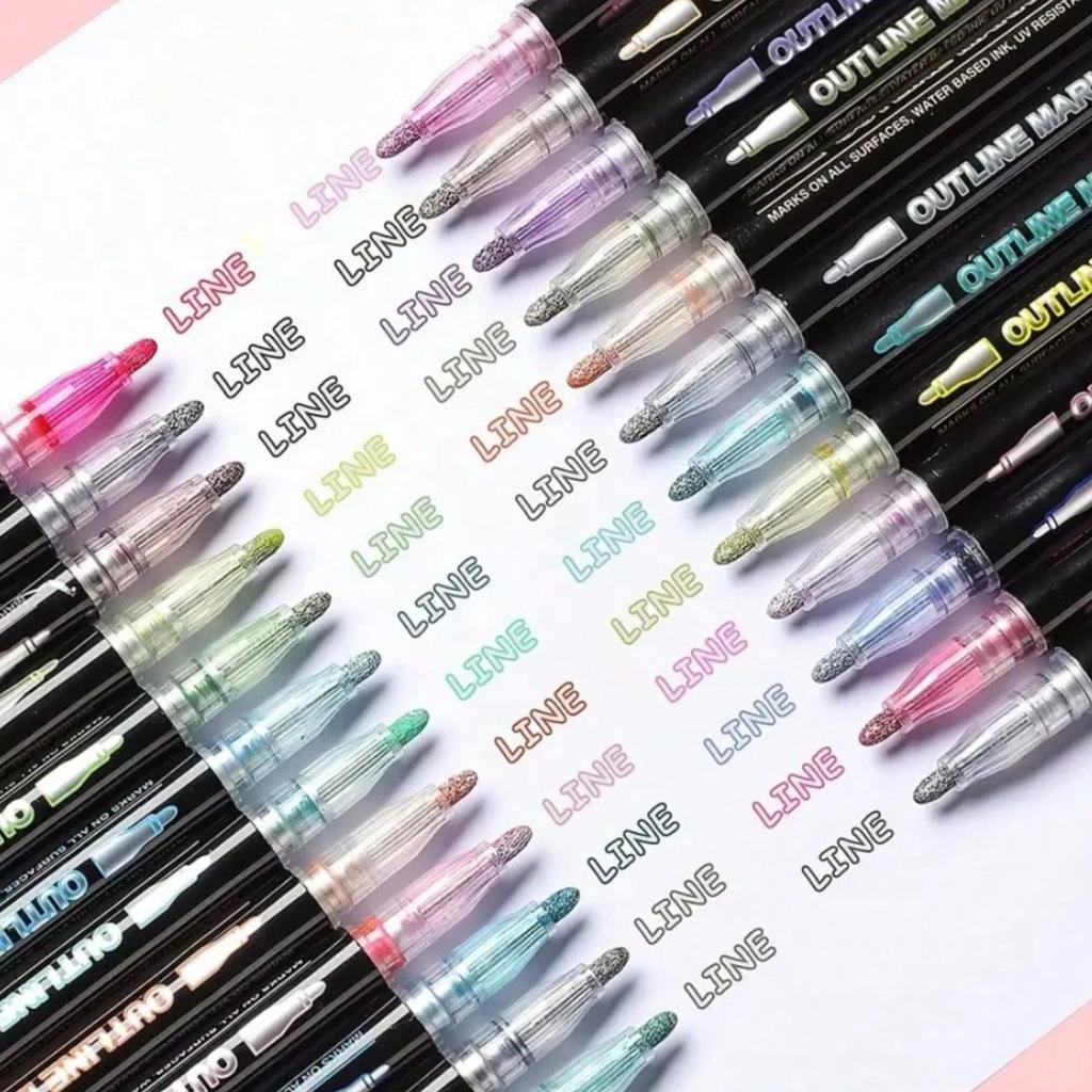 Double Line Outline Permanent Marker, 12/24Colors Wave Glitter Marker Set, Self-Contour Metallic Marker Pens for Art